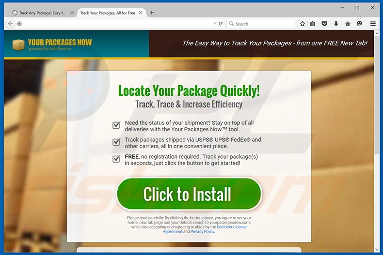 Website used to promote Your Packages Now browser hijacker