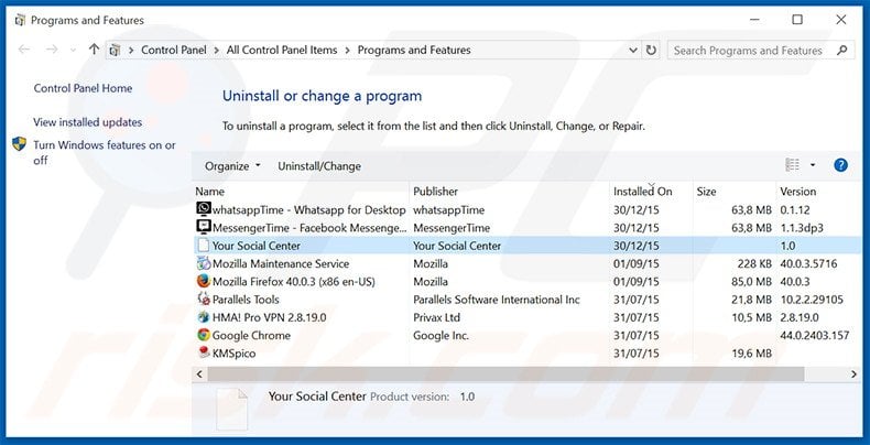 Your Social Center browser hijacker uninstall via Control Panel