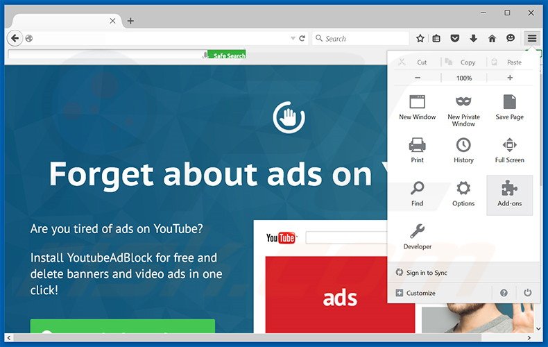 Removing YoutubeAdBlock ads from Mozilla Firefox step 1