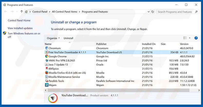 Free Youtube Downloader adware uninstall via Control Panel