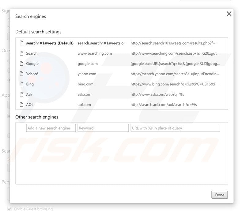Removing search.search101sweets.com from Google Chrome default search engine