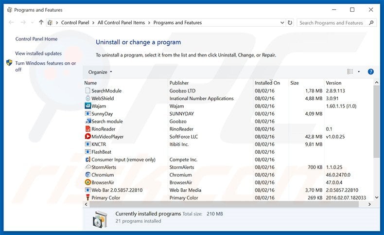 search.search101sweets.com browser hijacker uninstall via Control Panel