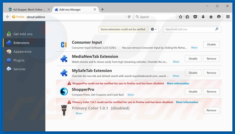 Removing Ad Stopper ads from Mozilla Firefox step 2