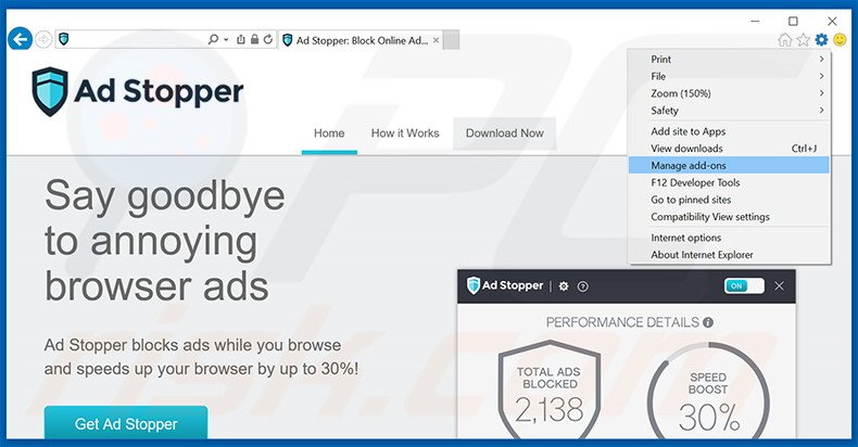 Removing Ad Stopper ads from Internet Explorer step 1