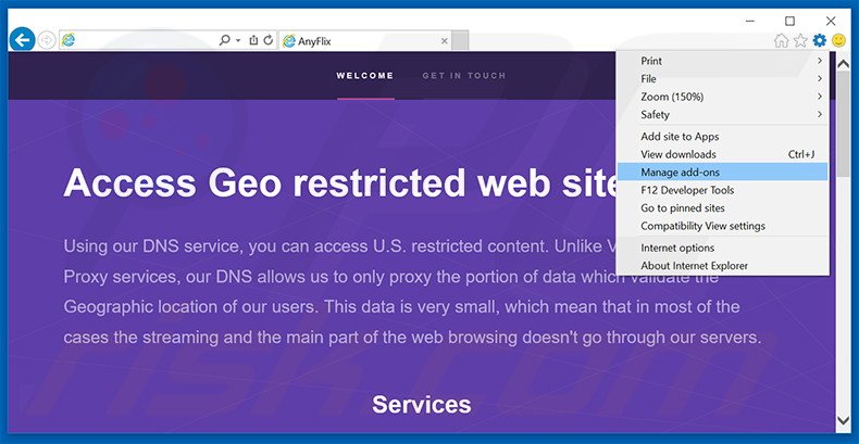Removing AnyFlix ads from Internet Explorer step 1