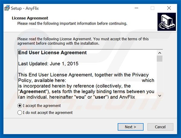 Official AnyFlix adware installation setup