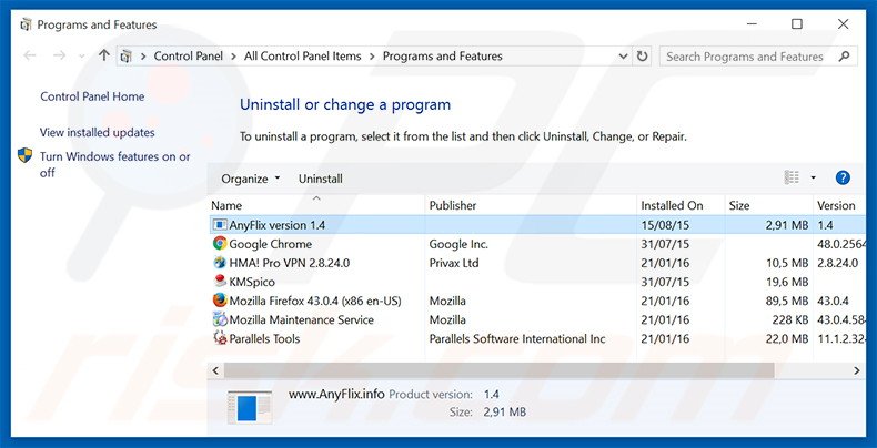 AnyFlix adware uninstall via Control Panel