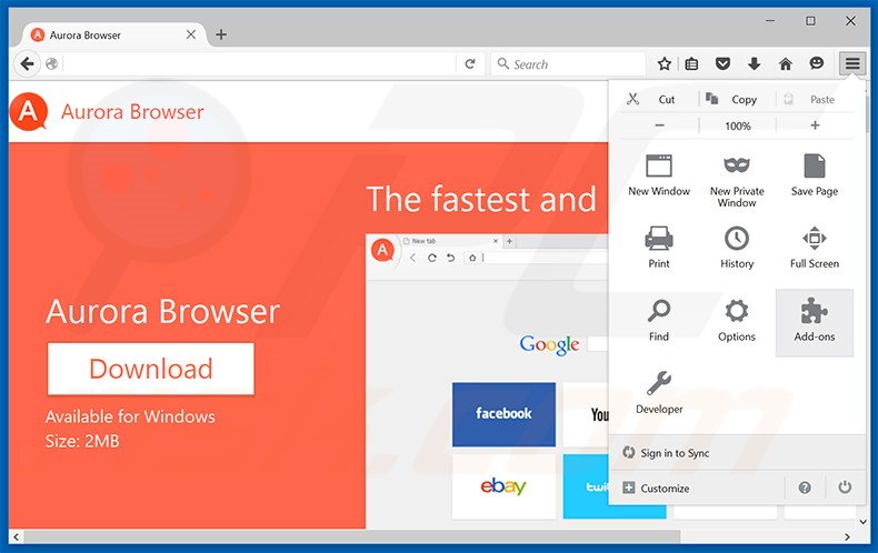 Removing Aurora Browser ads from Mozilla Firefox step 1