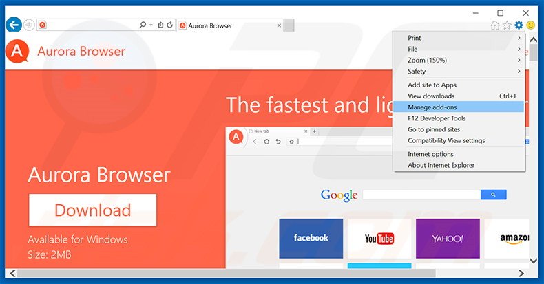 Removing Aurora Browser ads from Internet Explorer step 1