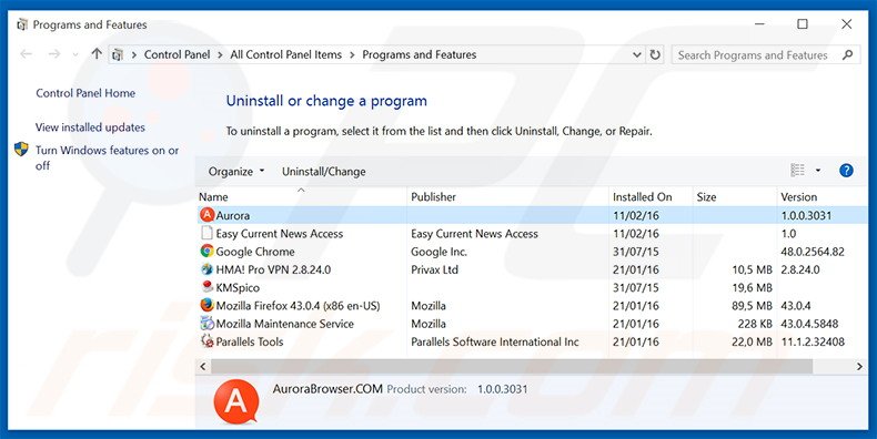 Aurora Browser adware uninstall via Control Panel