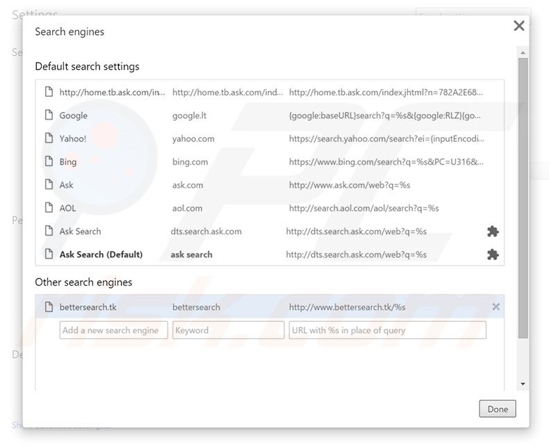 Removing bettersearch.tk from Google Chrome default search engine