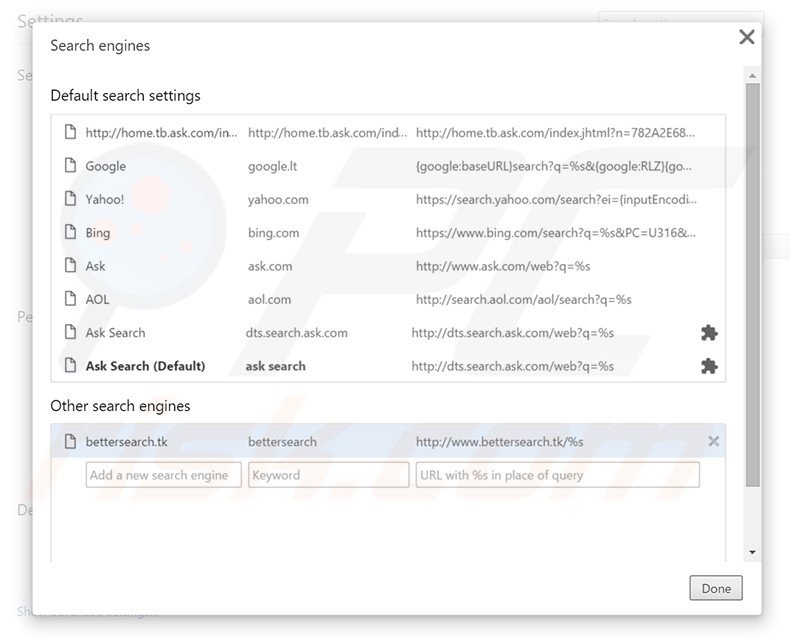 Removing bettersearch.tk from Google Chrome default search engine