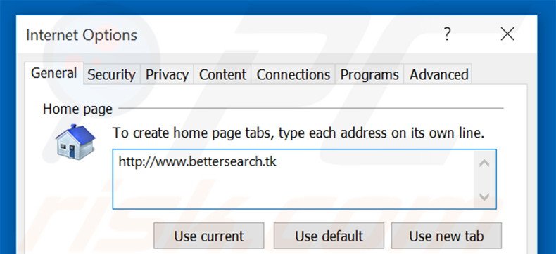 Removing bettersearch.tk from Internet Explorer homepage