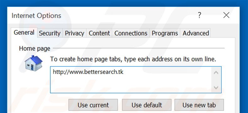 Removing bettersearch.tk from Internet Explorer homepage