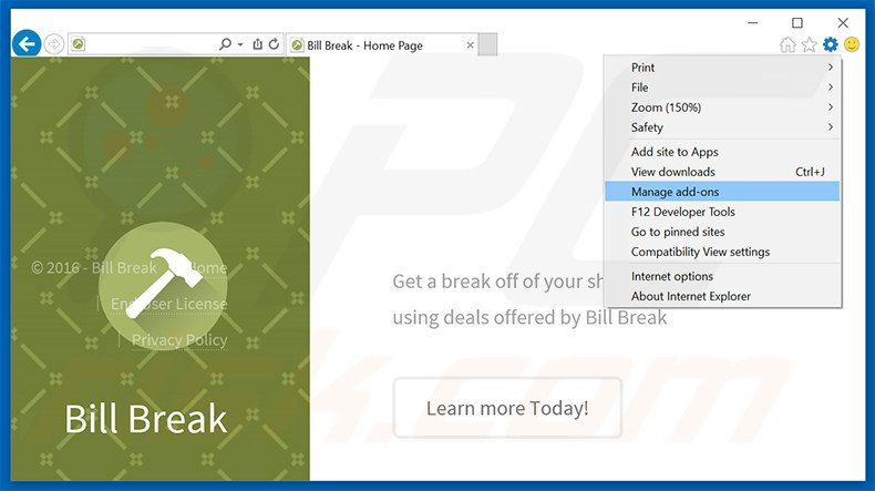 Removing Bill Break ads from Internet Explorer step 1