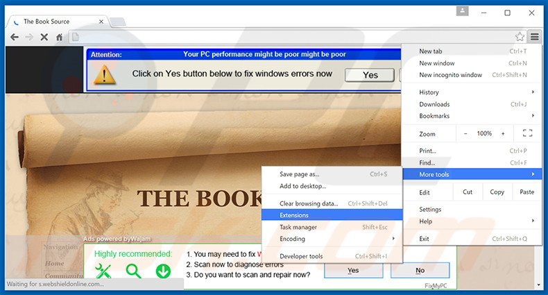 Removing Book Source  ads from Google Chrome step 1