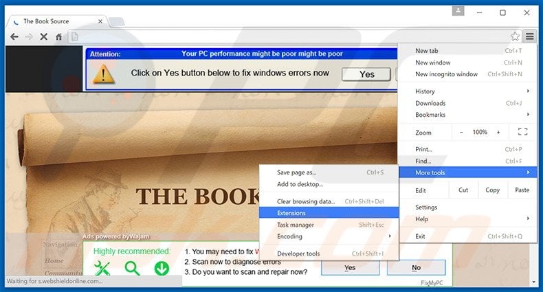 Removing Book Source  ads from Google Chrome step 1