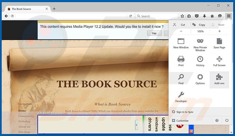 Removing Book Source ads from Mozilla Firefox step 1