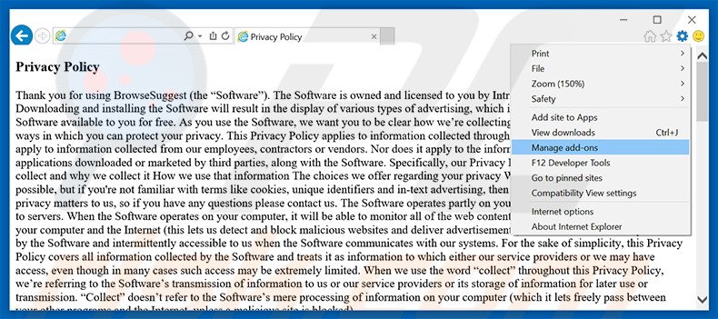 Removing BrowseSuggest ads from Internet Explorer step 1