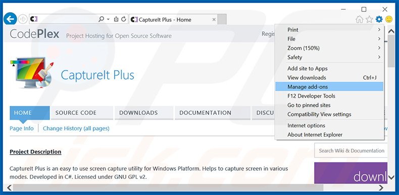Removing CaptureItPlus ads from Internet Explorer step 1