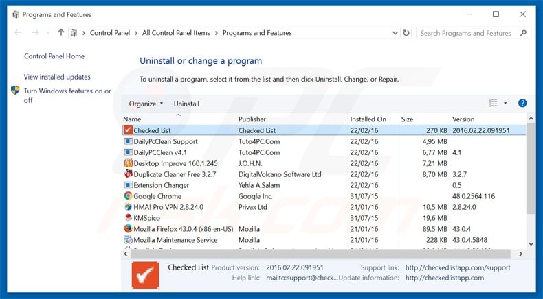 checked list adware uninstall via Control Panel