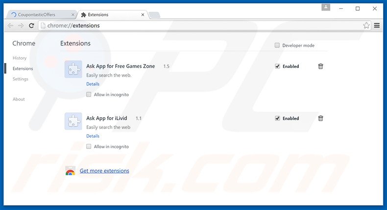 Removing CoupontasticOffers ads from Google Chrome step 2