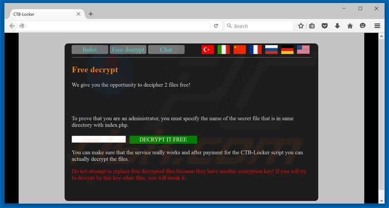 ctb-locker encrypting websites - free decrypt page
