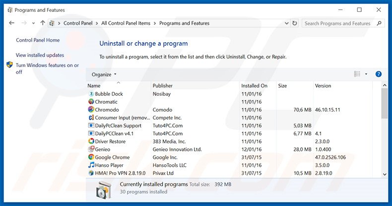 Dealnj adware uninstall via Control Panel