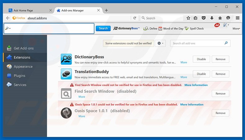 Removing DictionaryBoss related Mozilla Firefox extensions