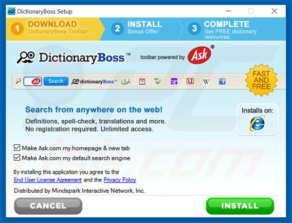 Official DictionaryBoss browser hijacker installation setup