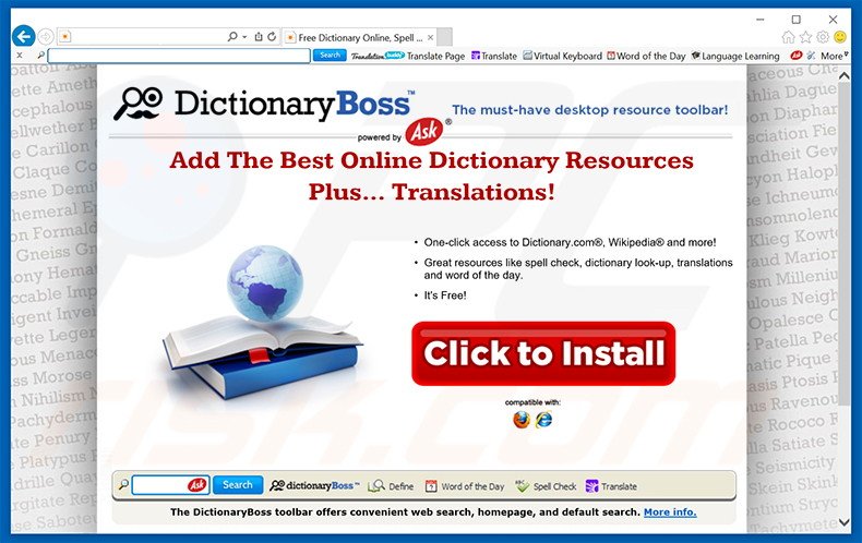 DictionaryBoss browser hijacker promoting website