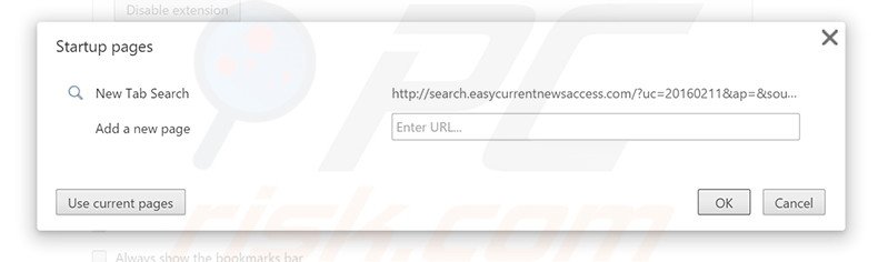 Removing search.easycurrentnewsaccess.com from Google Chrome homepage