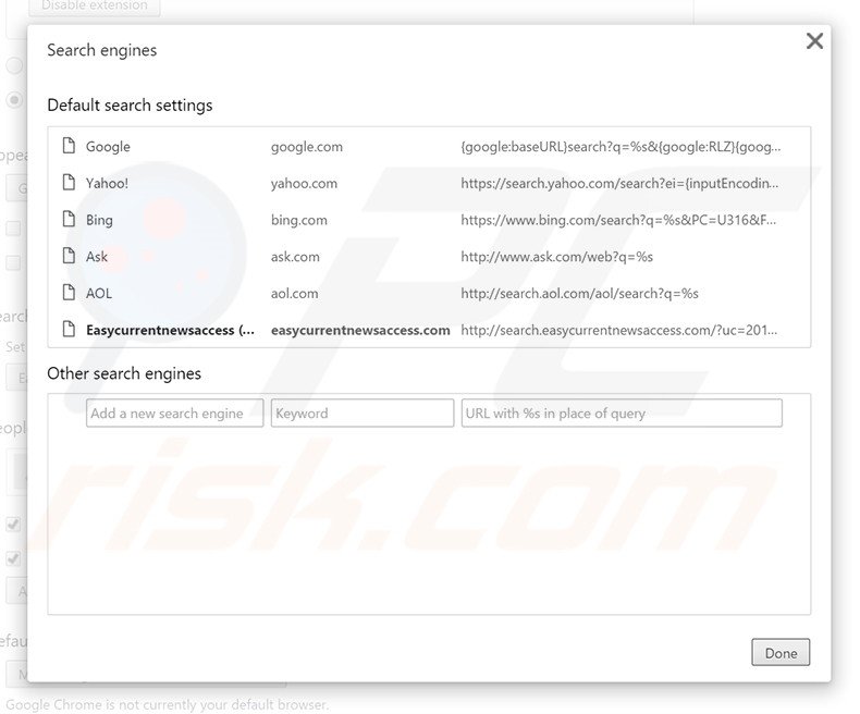 Removing search.easycurrentnewsaccess.com from Google Chrome default search engine