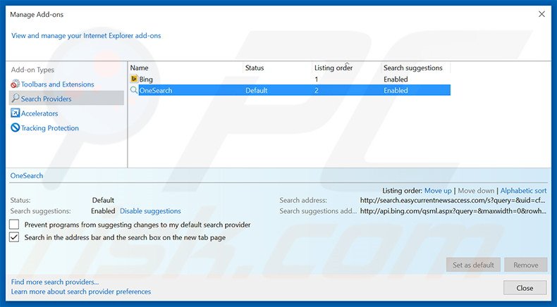 Removing search.easycurrentnewsaccess.com from Internet Explorer default search engine