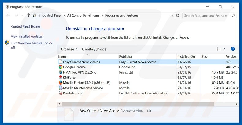 search.easycurrentnewsaccess.com browser hijacker uninstall via Control Panel