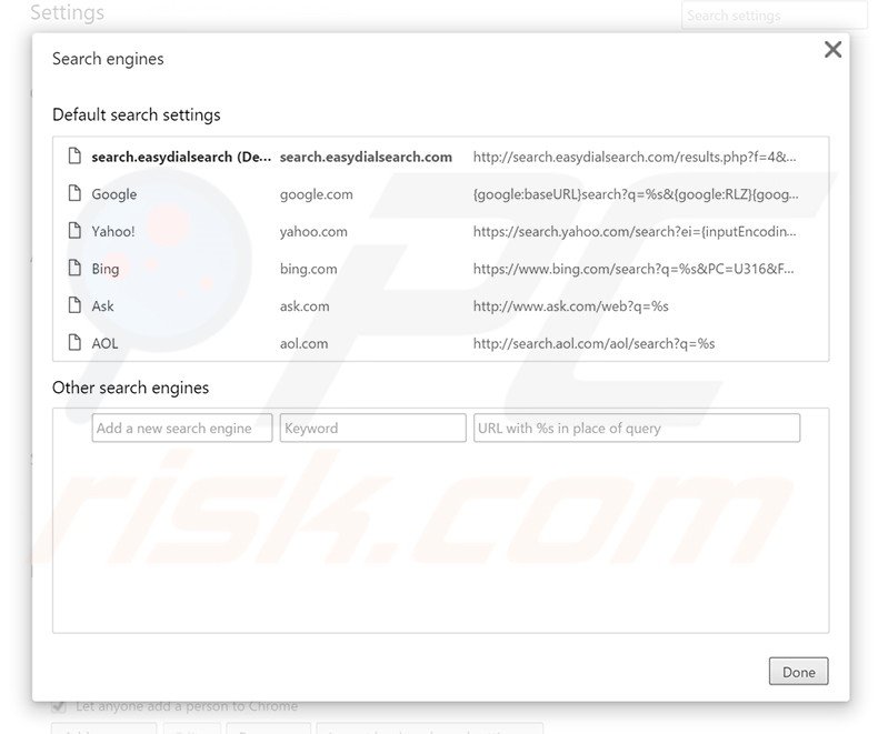Removing search.easydialsearch.com from Google Chrome default search engine