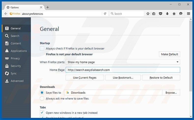 Removing search.easydialsearch.com from Mozilla Firefox homepage