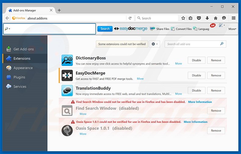 Removing EasyDocMerge related Mozilla Firefox extensions