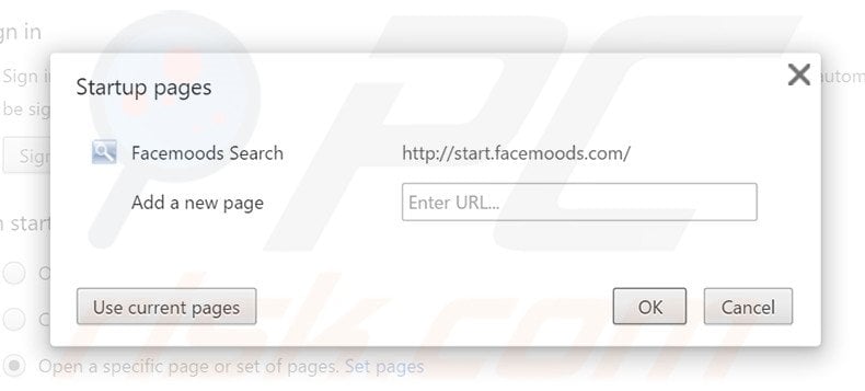 Removing start.facemoods.com from Google Chrome homepage