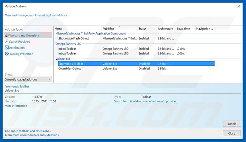 Removing start.facemoods.com related Internet Explorer extensions