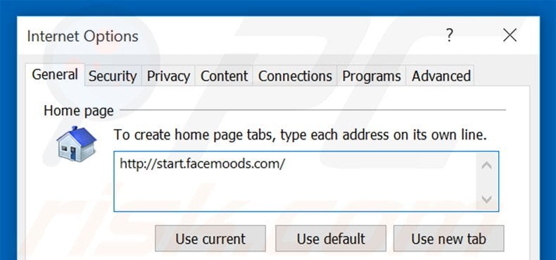 Removing start.facemoods.com from Internet Explorer homepage