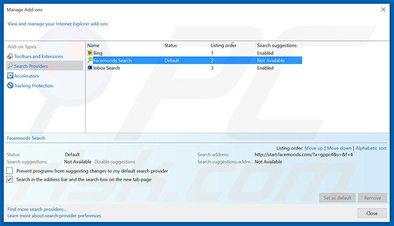 Removing start.facemoods.com from Internet Explorer default search engine