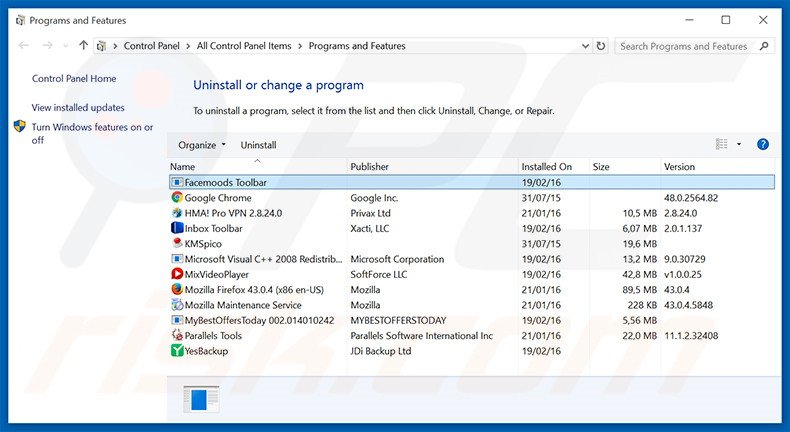 start.facemoods.com browser hijacker uninstall via Control Panel