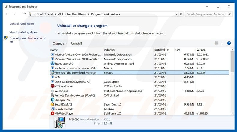 Free Youtube Download Manager adware uninstall via Control Panel