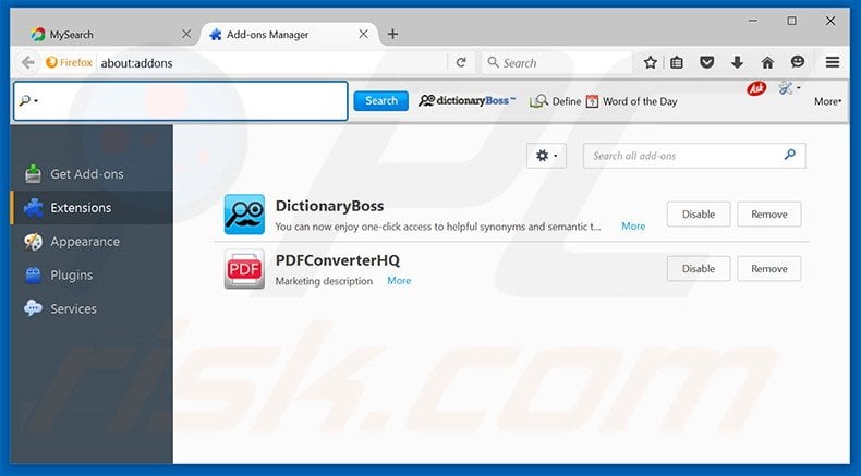 Removing search.mysearch.com related Mozilla Firefox extensions