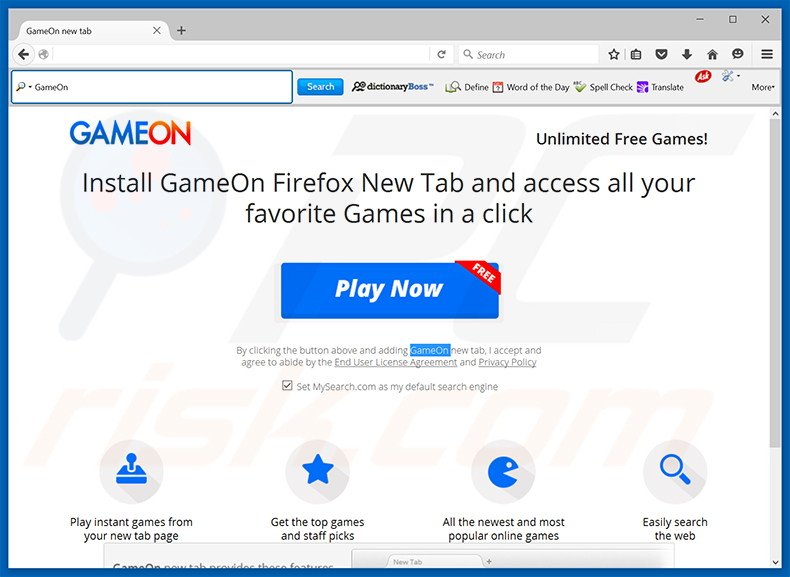 Website used to promote GameOn browser hijacker