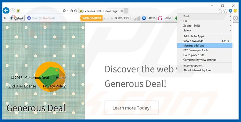 Removing Generous Deal ads from Internet Explorer step 1