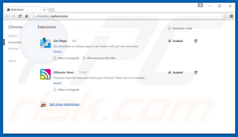Removing search.getmaps.co related Google Chrome extensions