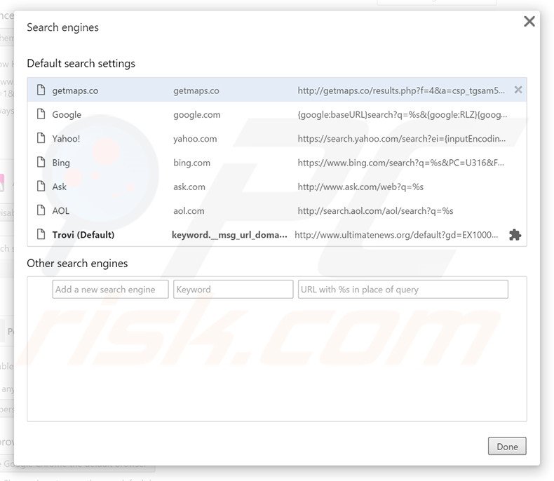 Removing search.getmaps.co from Google Chrome default search engine