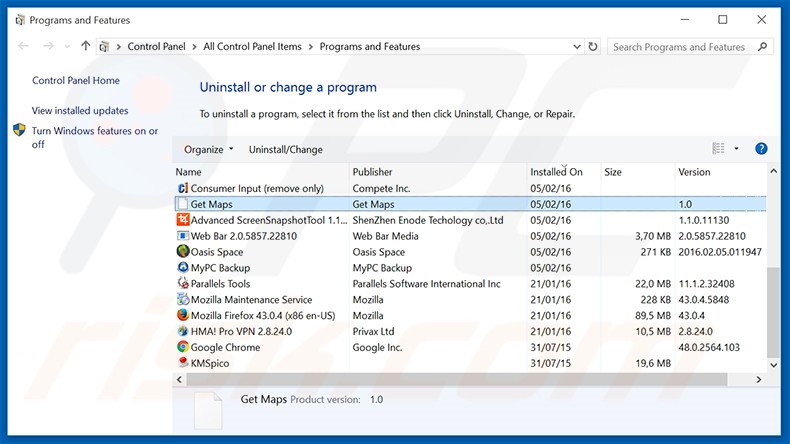 search.getmaps.co browser hijacker uninstall via Control Panel